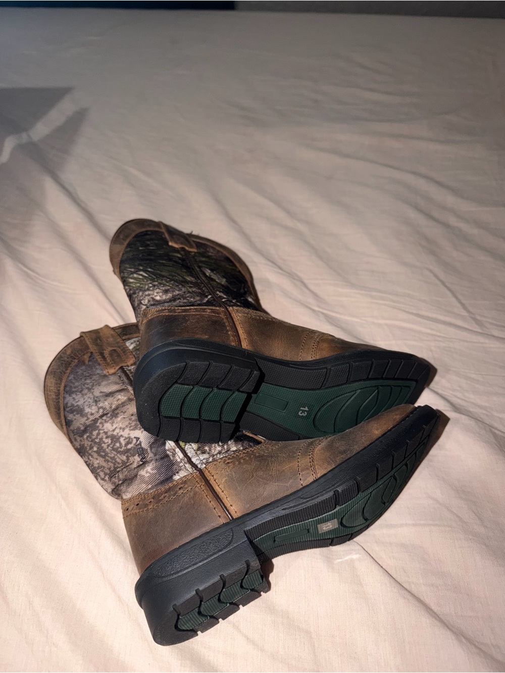 Kids' Brown Leather-Look Pull-On Boots with Camouflage Shaft